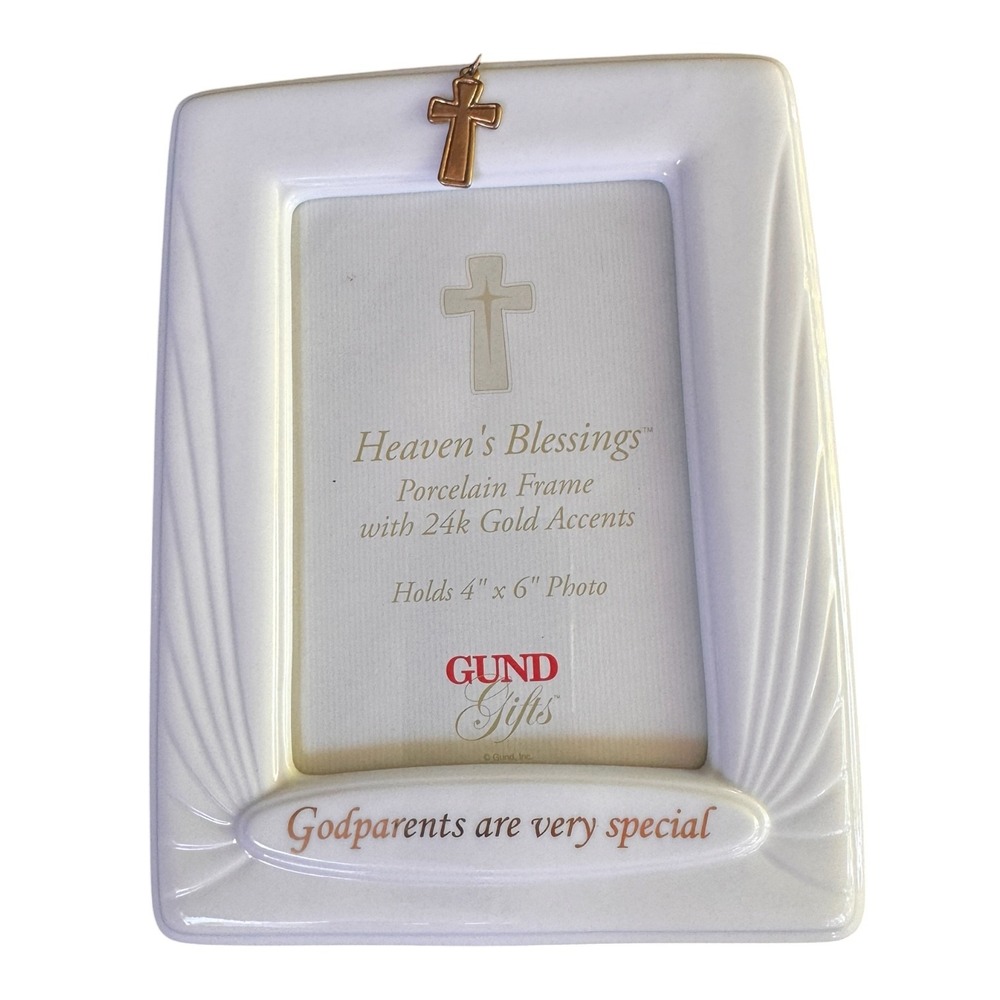 Gund Gifts Heavens Blessings Porcelain 4x6 Photo Frame 24k Gold Cross Godparents